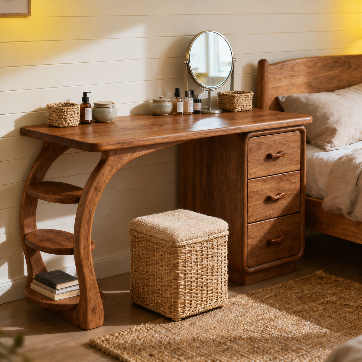 Solid Wood Makeup Vanity Desk with Curved Side Shelves and Drawer Storage