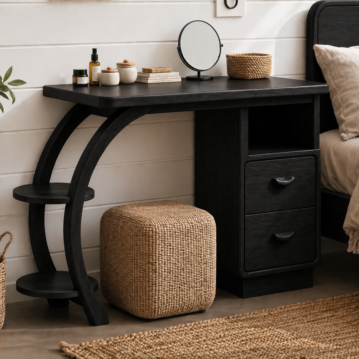 Solid Wood Makeup Vanity Desk with Curved Frame and Drawer Storage