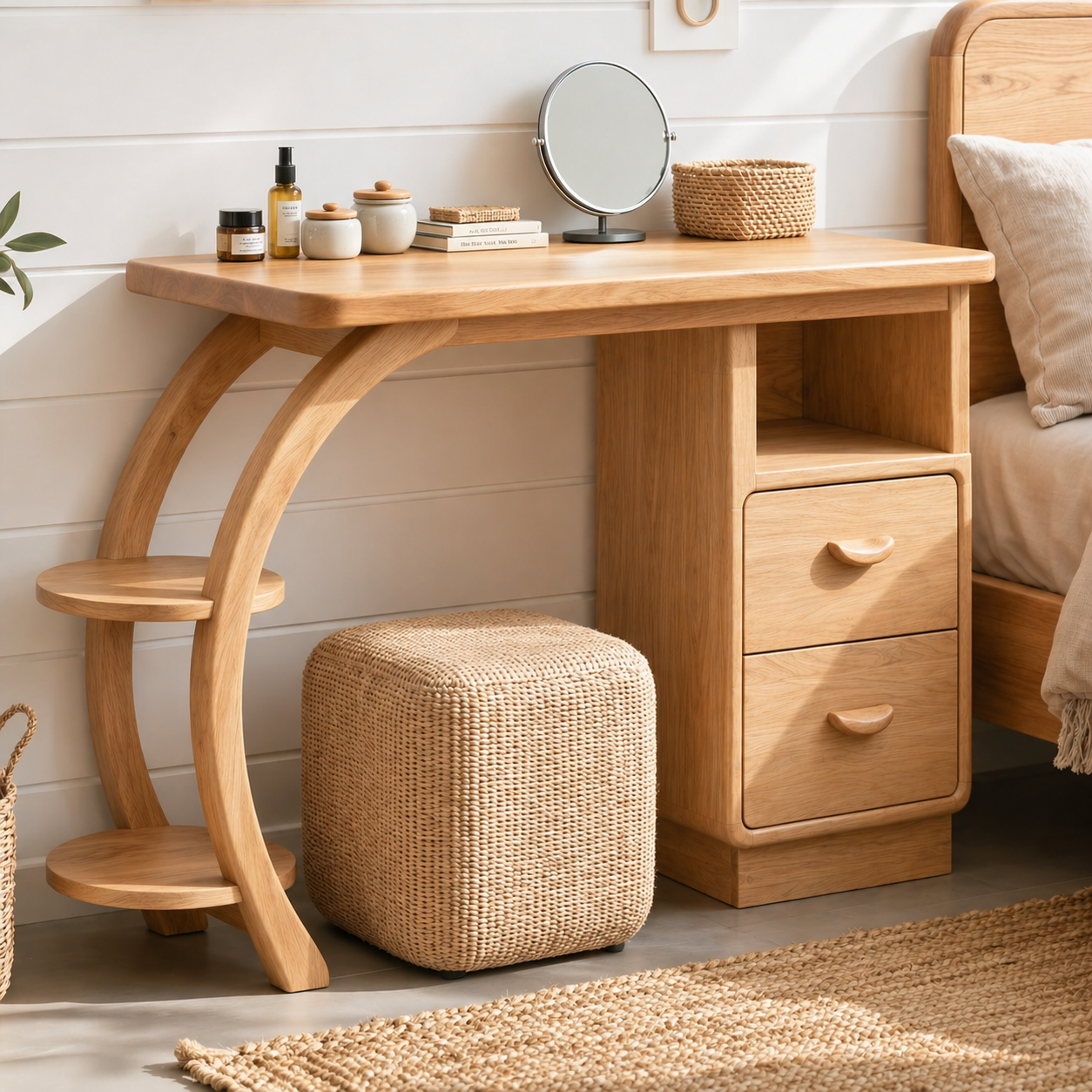 Solid Wood Makeup Vanity Desk with Curved Frame and Drawer Storage