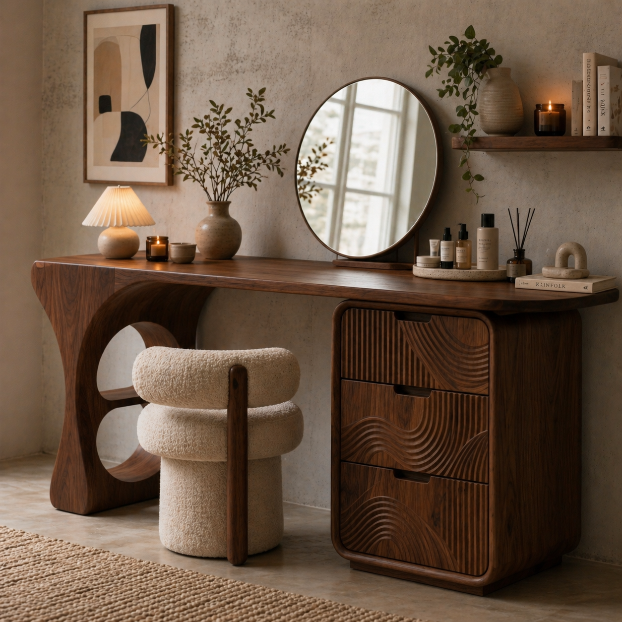 Solid Wood Makeup Vanity Desk with Sculptural Base and Carved Drawer Fronts