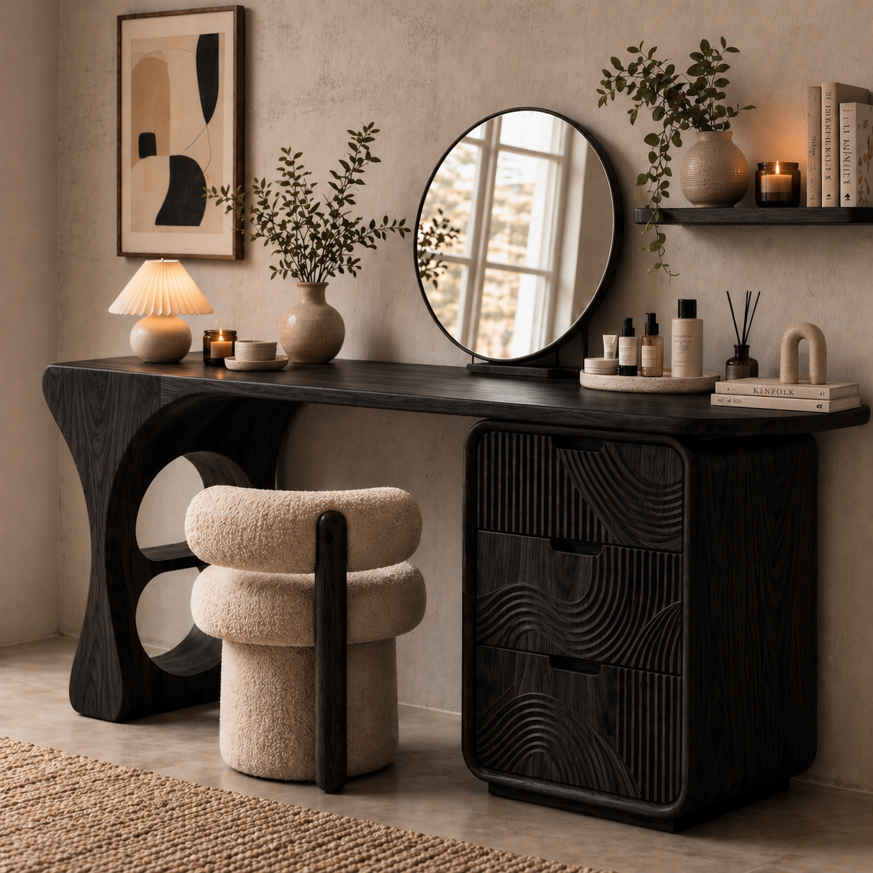 Solid Wood Makeup Vanity Desk with Sculptural Base and Carved Drawer Fronts