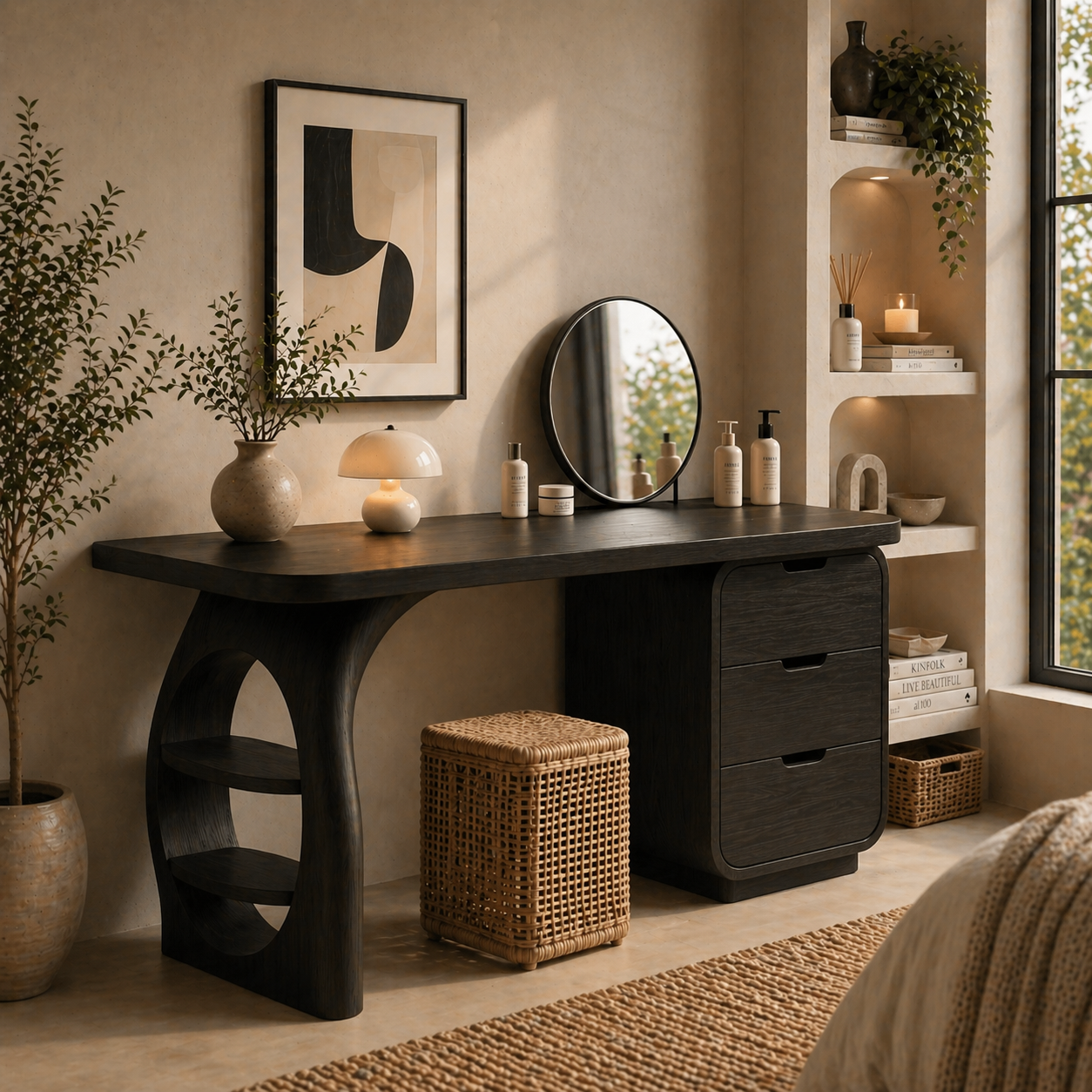 Solid Wood Makeup Vanity Desk with Sculptural Base and Drawer Storage