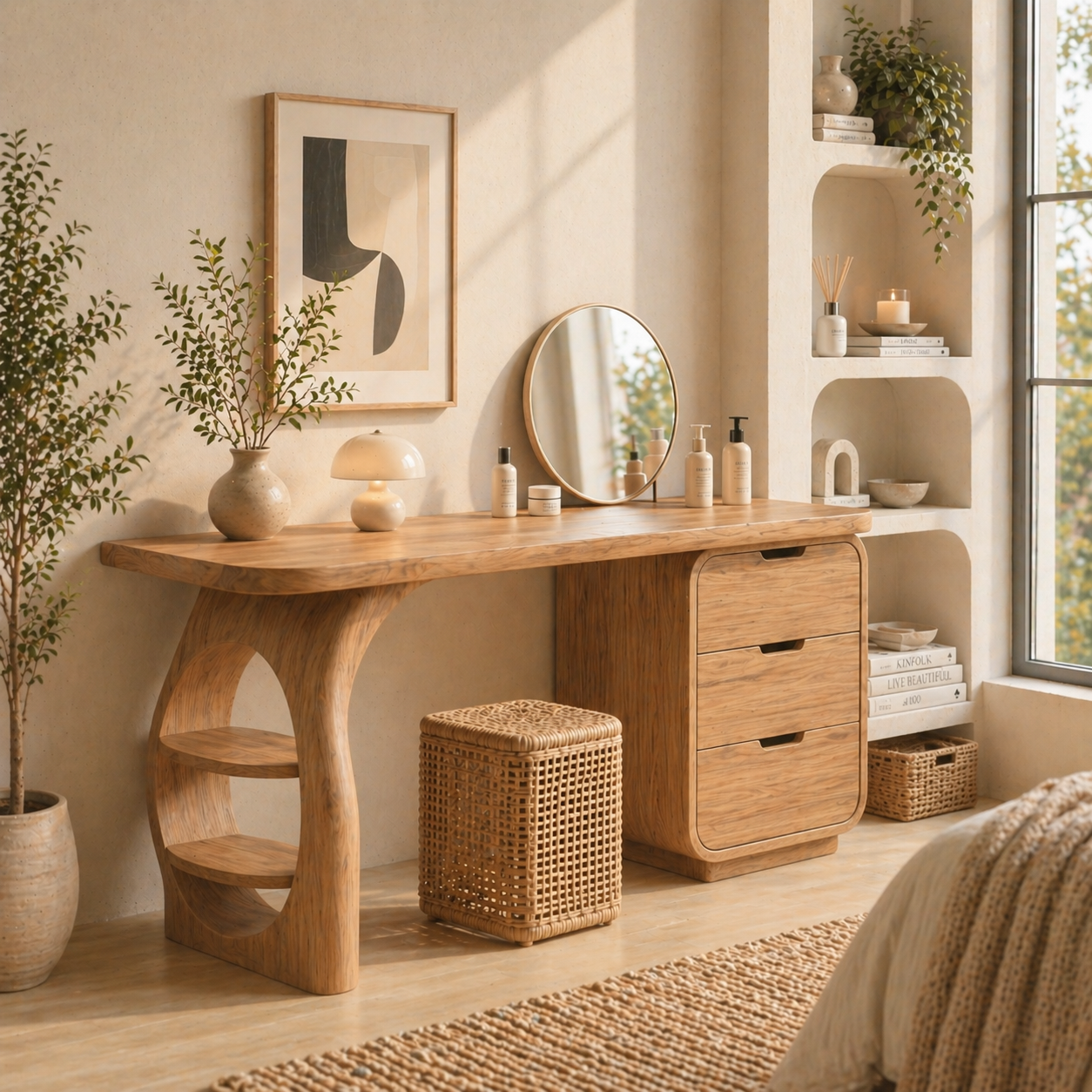 Solid Wood Makeup Vanity Desk with Sculptural Base and Drawer Storage