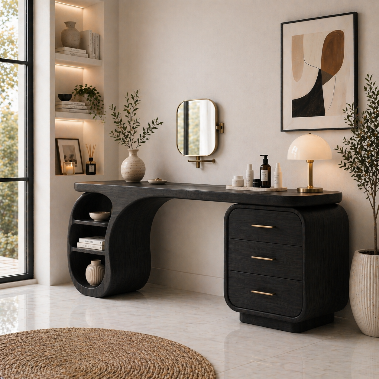 Solid Wood Makeup Vanity Desk with Sculptural Curved Base and Drawer Storage