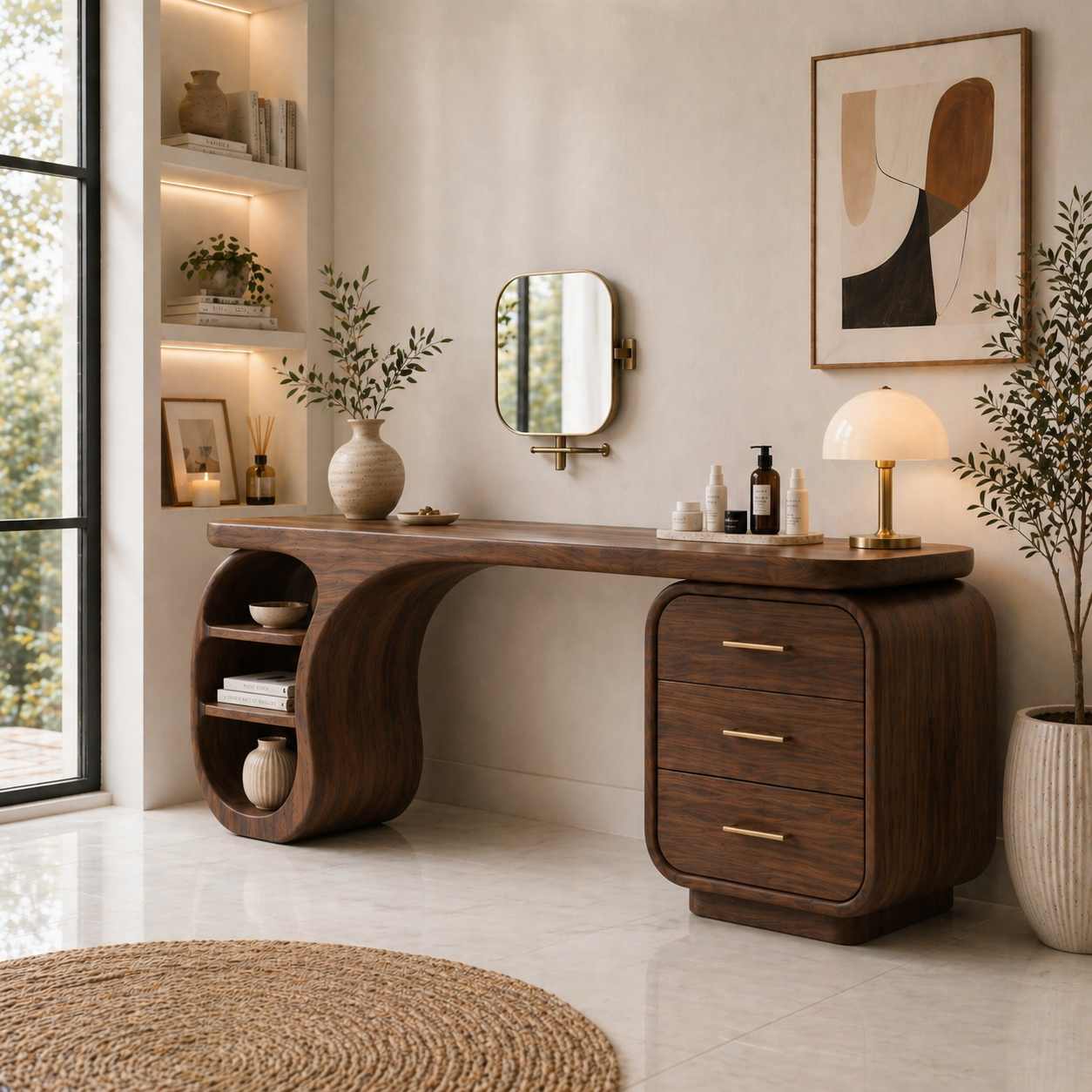 Solid Wood Makeup Vanity Desk with Sculptural Curved Base and Drawer Storage