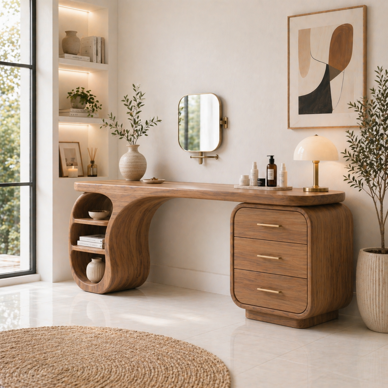 Solid Wood Makeup Vanity Desk with Sculptural Curved Base and Drawer Storage