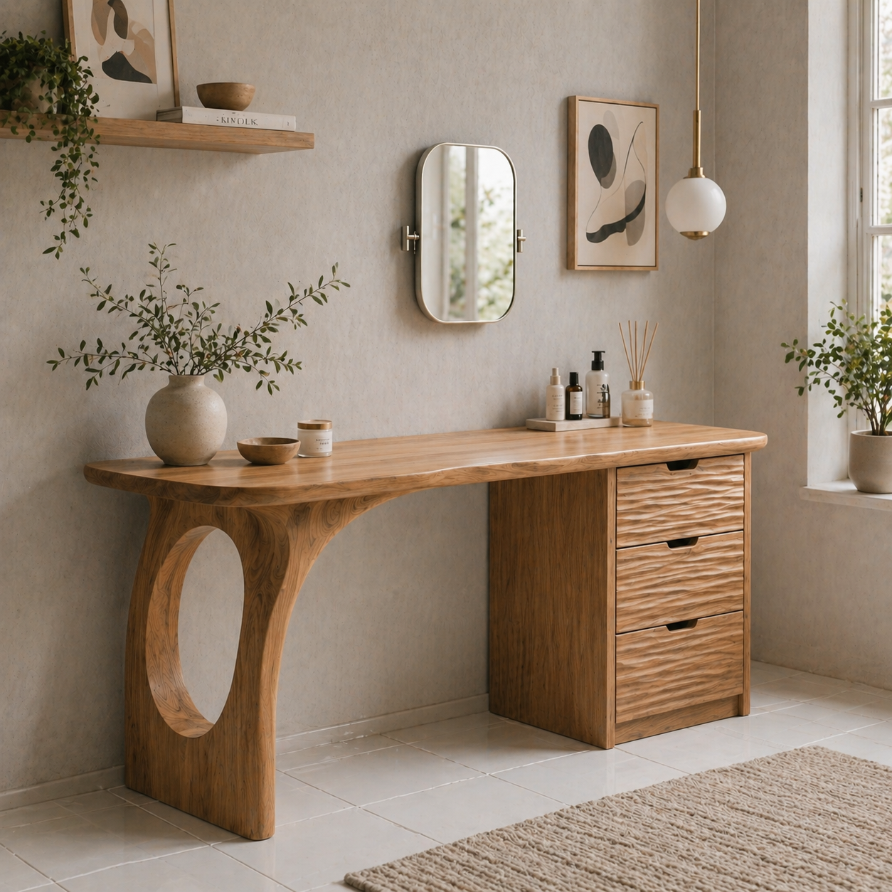 Solid Wood Makeup Vanity Desk with Sculptural Base and Textured Drawers