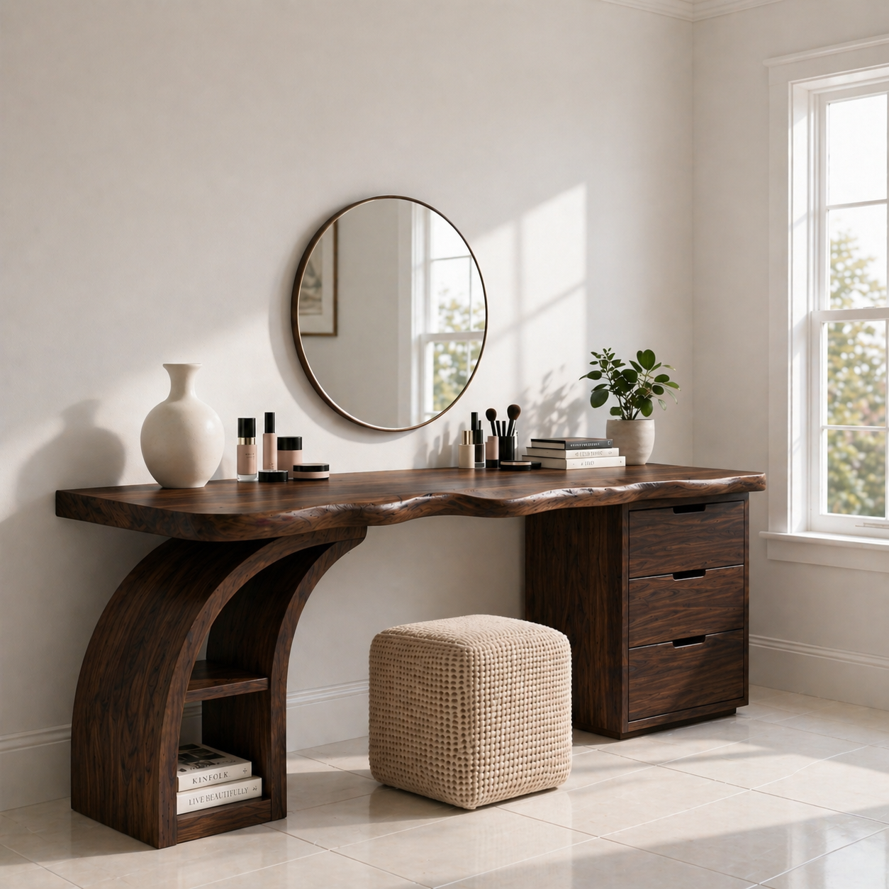 Solid Wood Makeup Vanity Desk with Live Edge Top and Curved Sculptural Base
