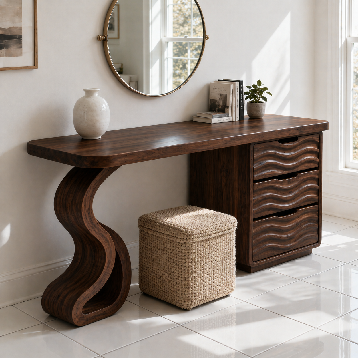 Solid Wood Makeup Vanity Desk with Wave Drawers and Sculptural Curved Base