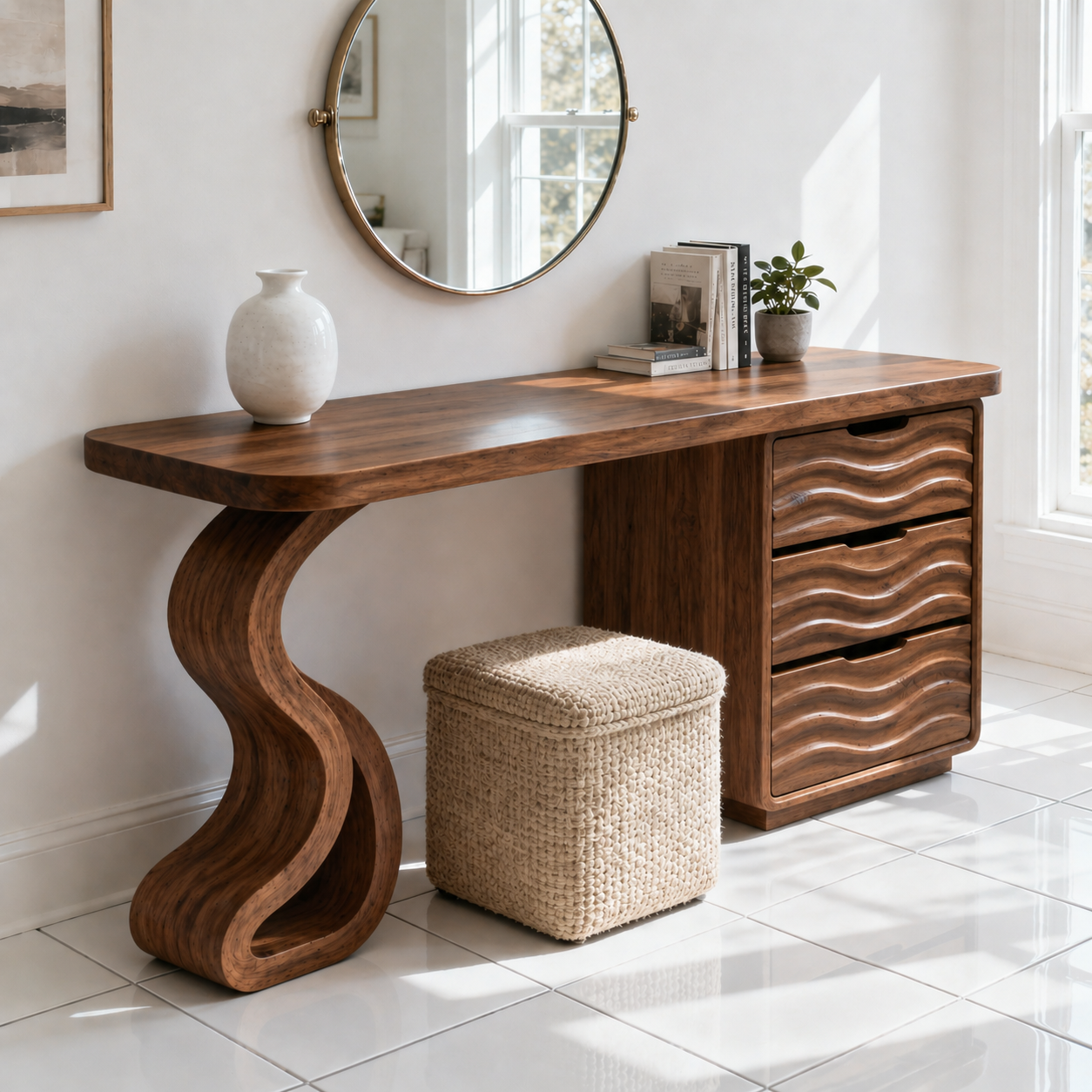 Solid Wood Makeup Vanity Desk with Wave Drawers and Sculptural Curved Base