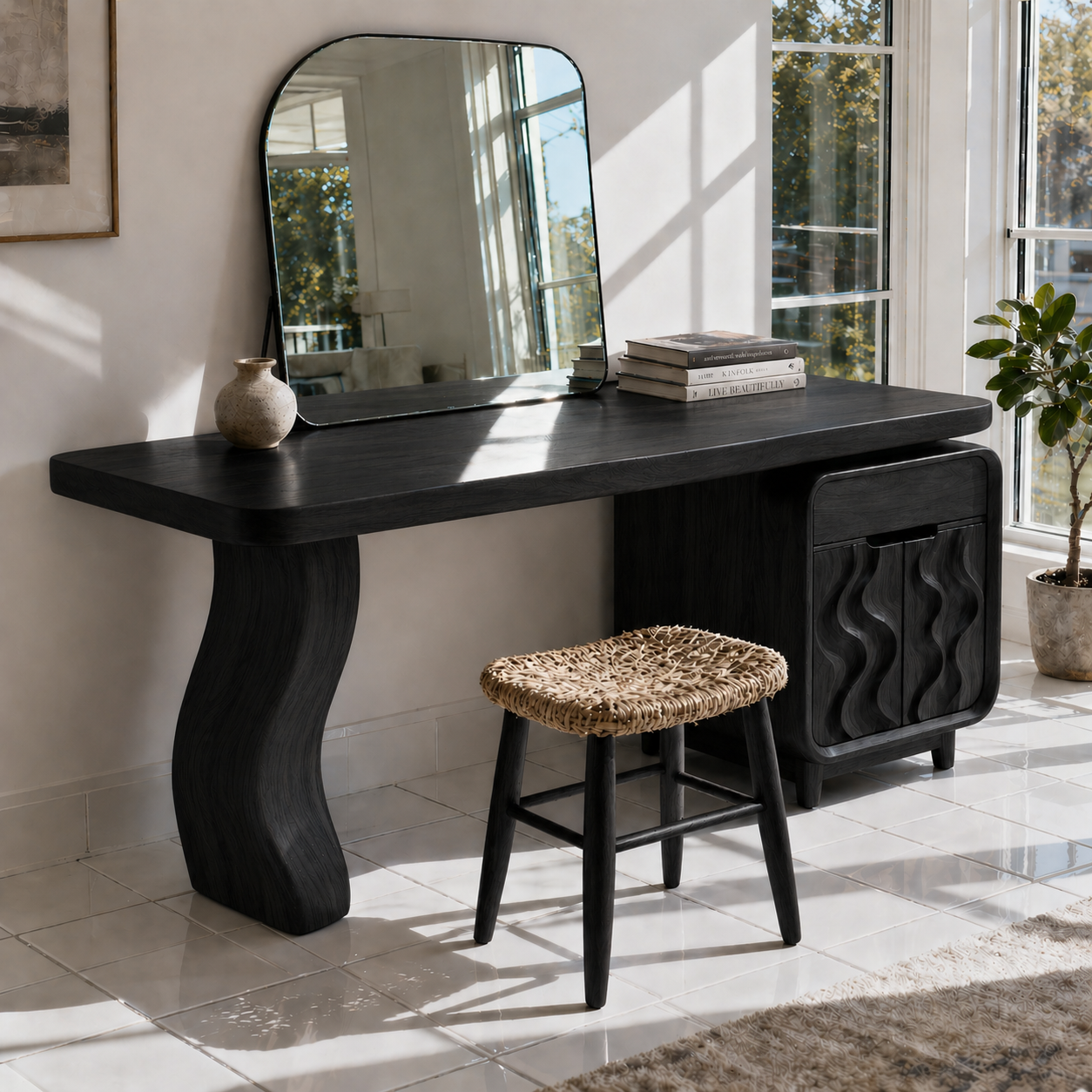Luxury Solid Wood Makeup Vanity Desk with Sculptural Base and Wave Door Cabinet