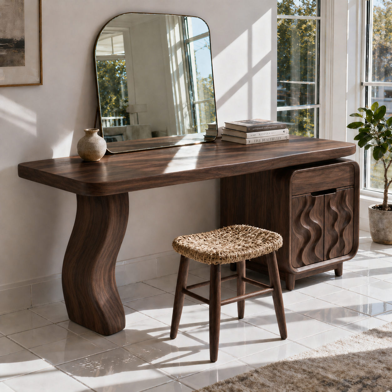 Luxury Solid Wood Makeup Vanity Desk with Sculptural Base and Wave Door Cabinet