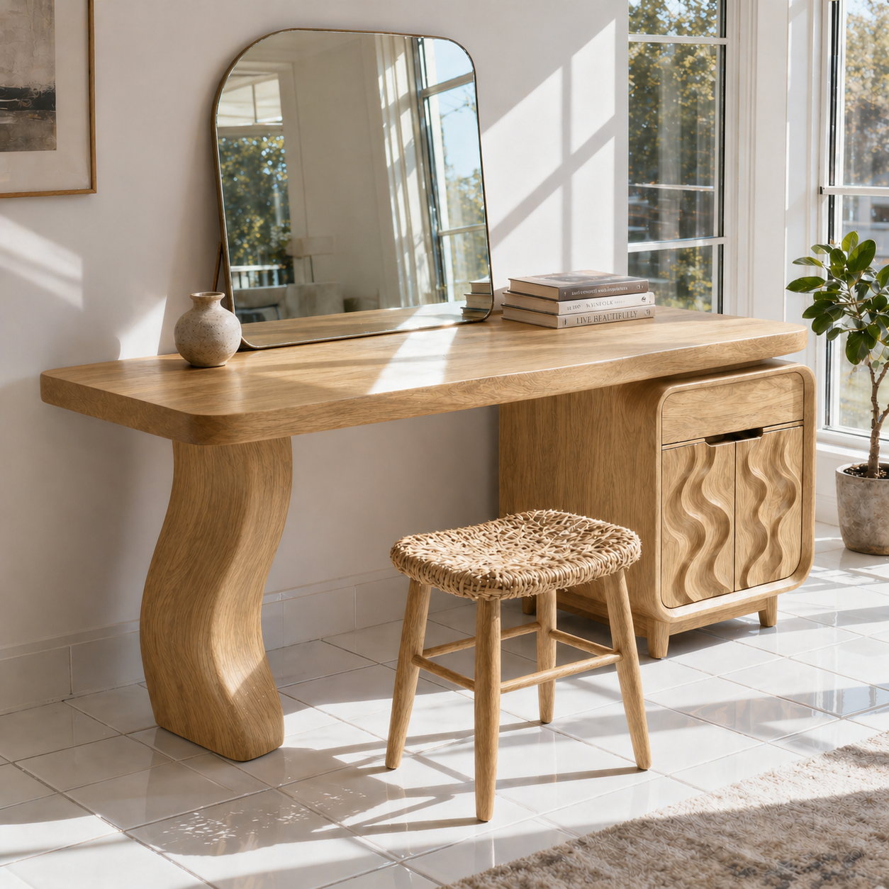 Luxury Solid Wood Makeup Vanity Desk with Sculptural Base and Wave Door Cabinet