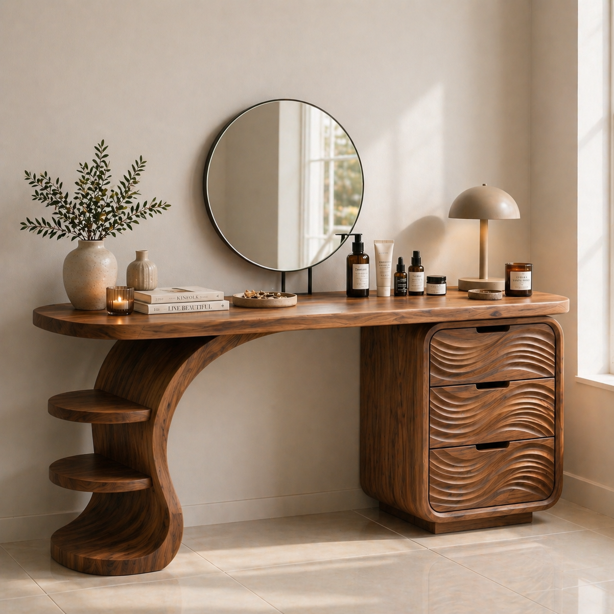 Solid Wood Makeup Vanity Desk with Wave Drawers and Curved Sculptural Base