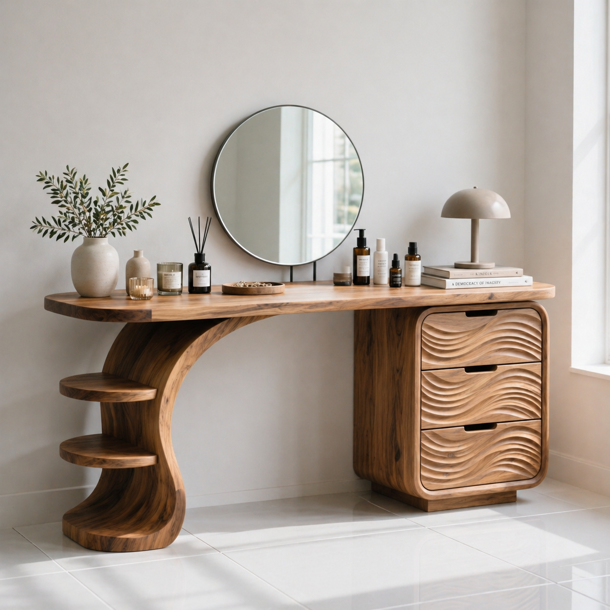 Solid Wood Makeup Vanity Desk with Wave Drawers and Curved Sculptural Base