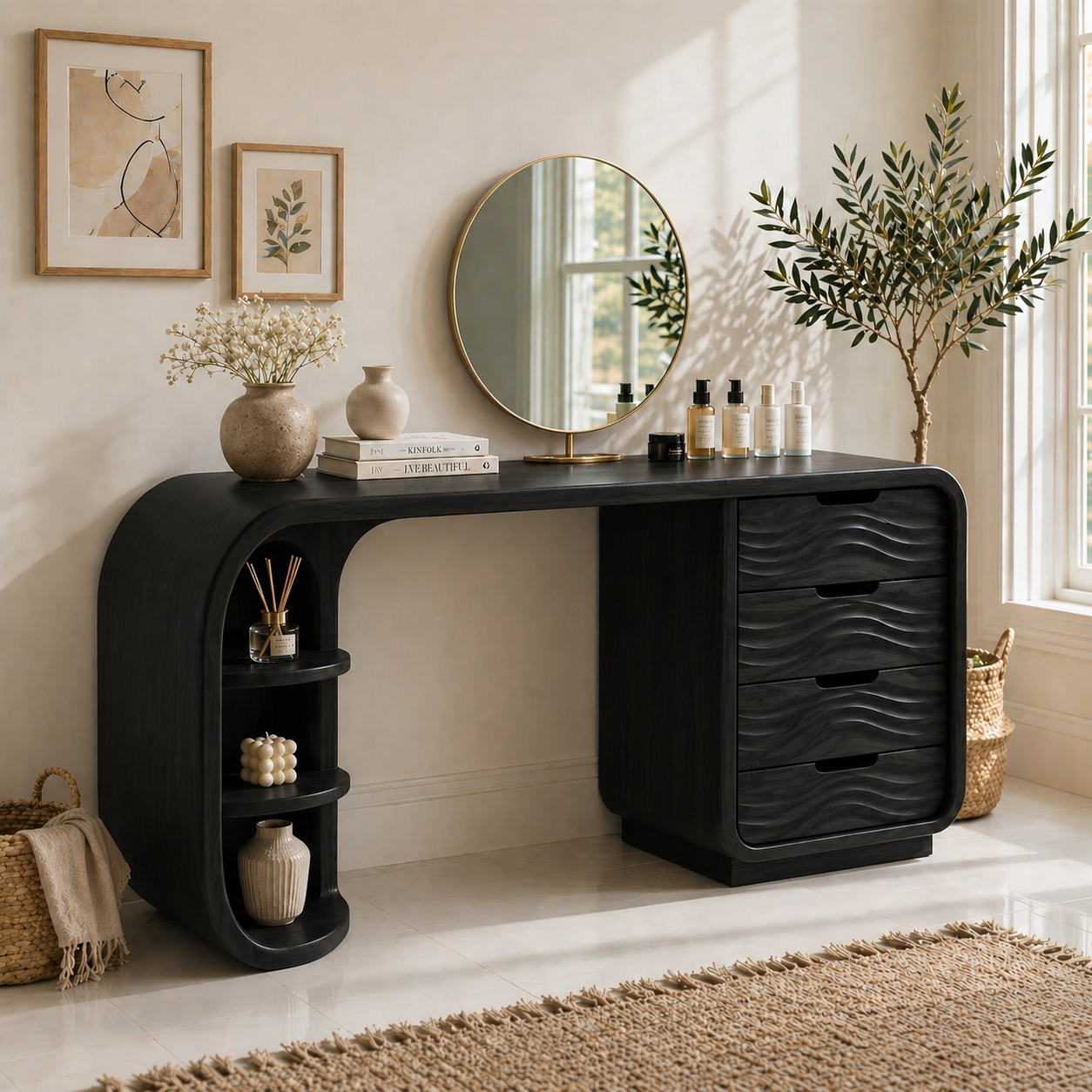 Solid Wood Makeup Vanity Desk with Curved Shelf Base and Wave Drawer Storage
