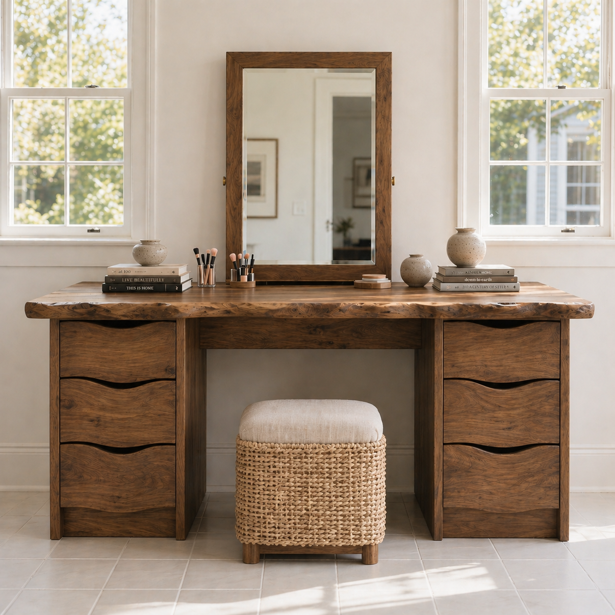 Large Solid Wood Makeup Vanity Desk with Double Drawer Storage and Live Edge Top