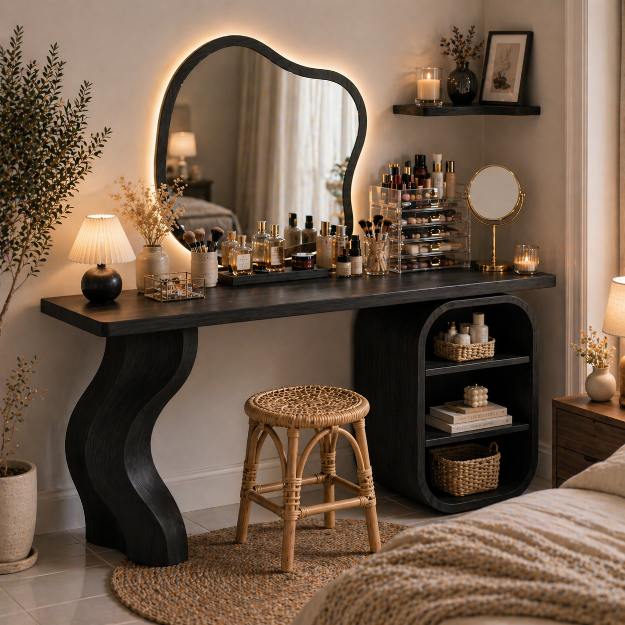 Solid Wood Makeup Vanity with Curved Leg and Open Shelf Storage