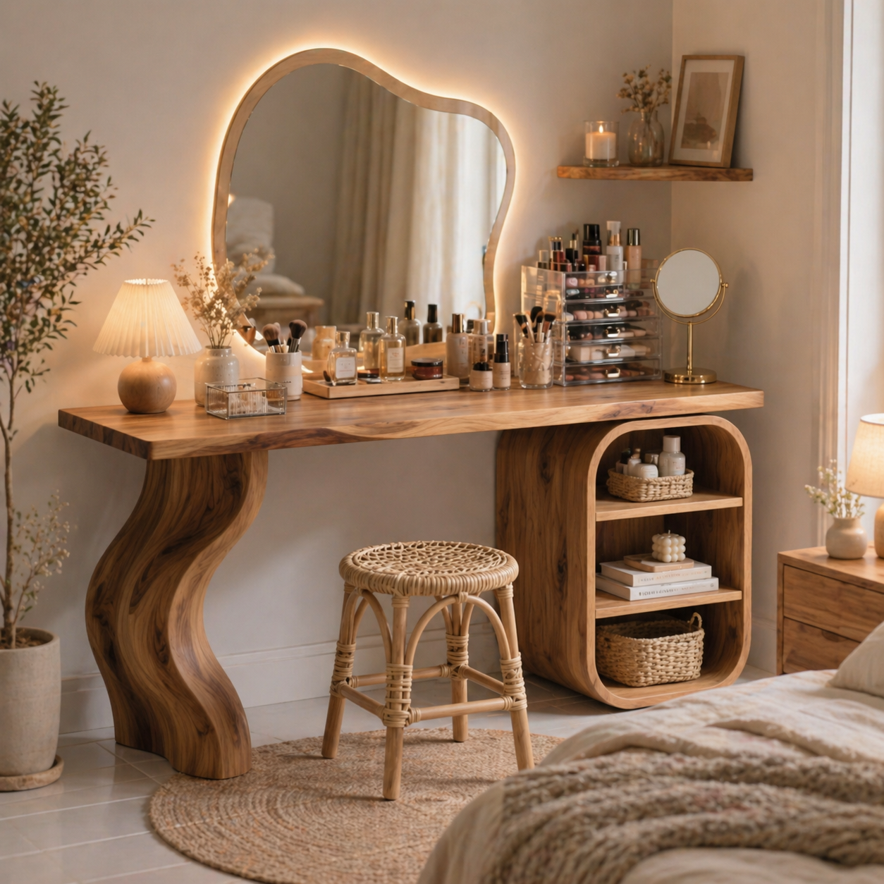 Solid Wood Makeup Vanity with Curved Leg and Open Shelf Storage