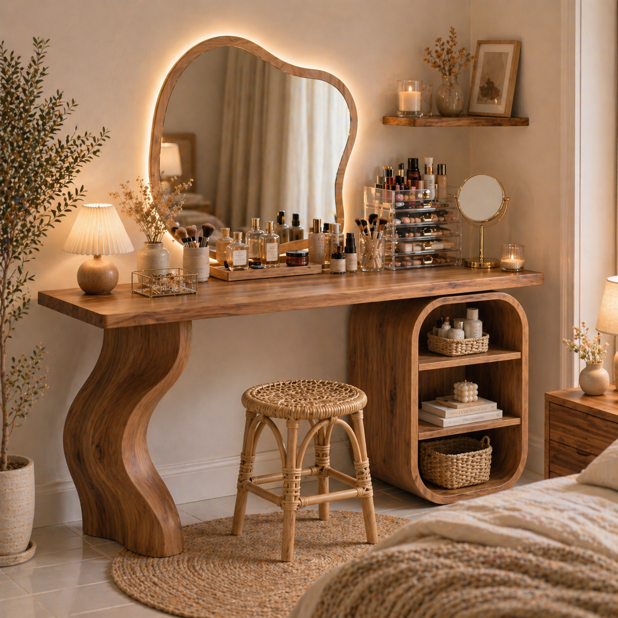 Solid Wood Makeup Vanity with Curved Leg and Open Shelf Storage