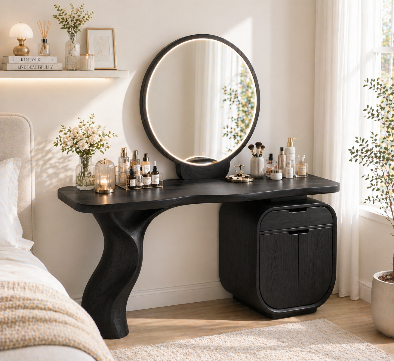 Solid Wood Makeup Vanity with Curved Leg and Storage Cabinet