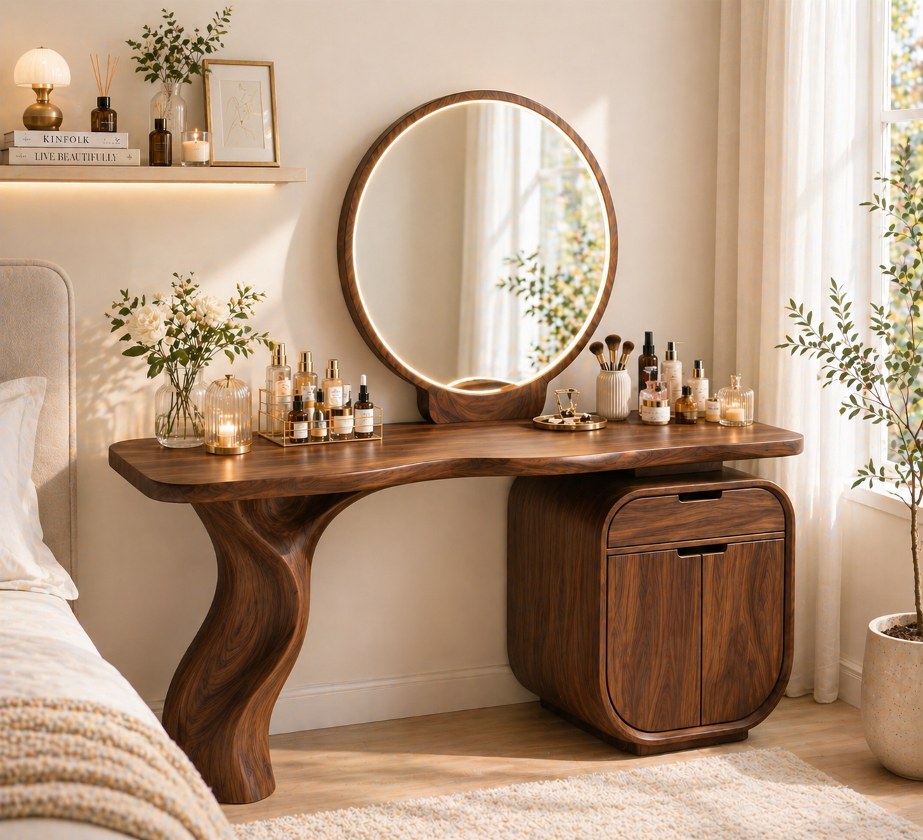 Solid Wood Makeup Vanity with Curved Leg and Storage Cabinet