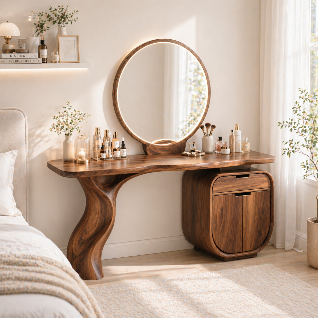 Solid Wood Makeup Vanity with Curved Leg and Storage Cabinet