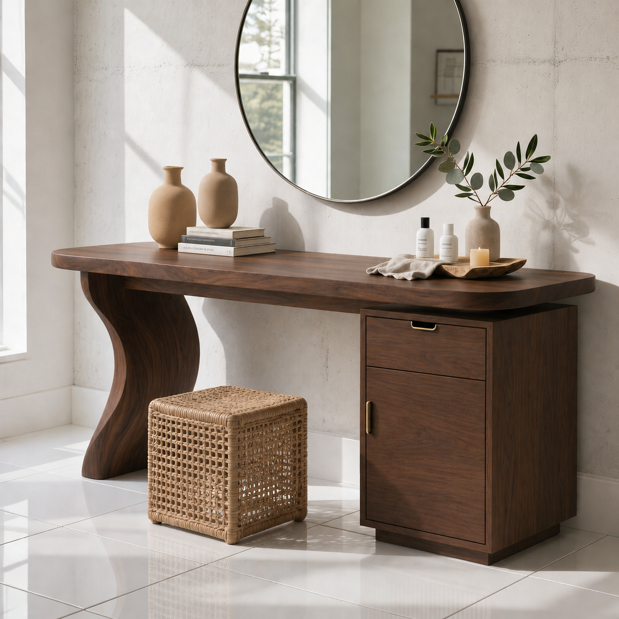 Solid Wood Makeup Vanity with Curved Base and Drawer Cabinet Storage