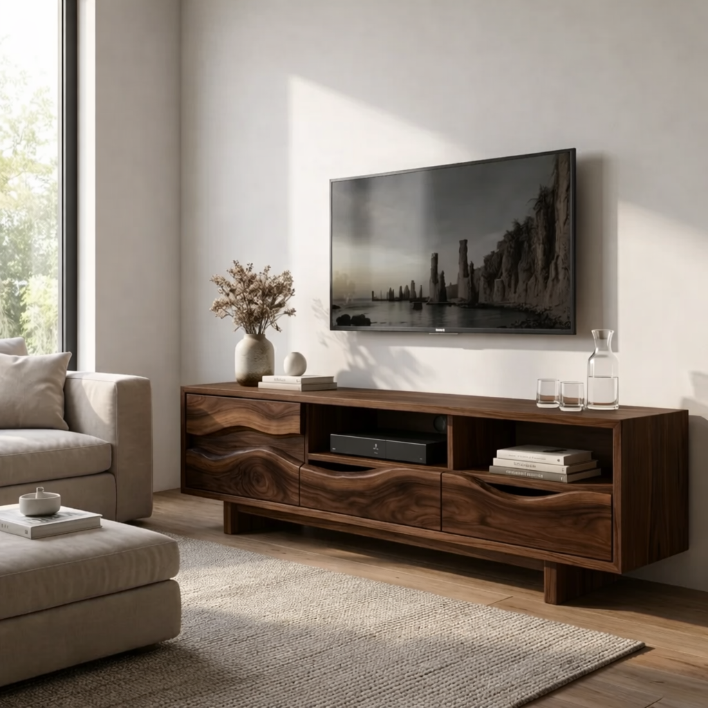 Solid Wood TV Stand with Wave Carved Drawers – Modern Rustic Media Console