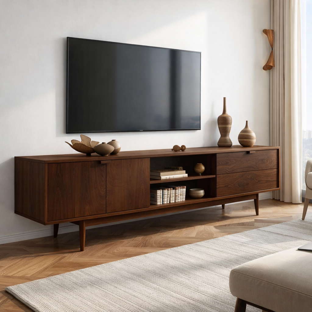 Mid-Century Solid Wood TV Stand with Cabinets and Open Shelf – Modern Media Console