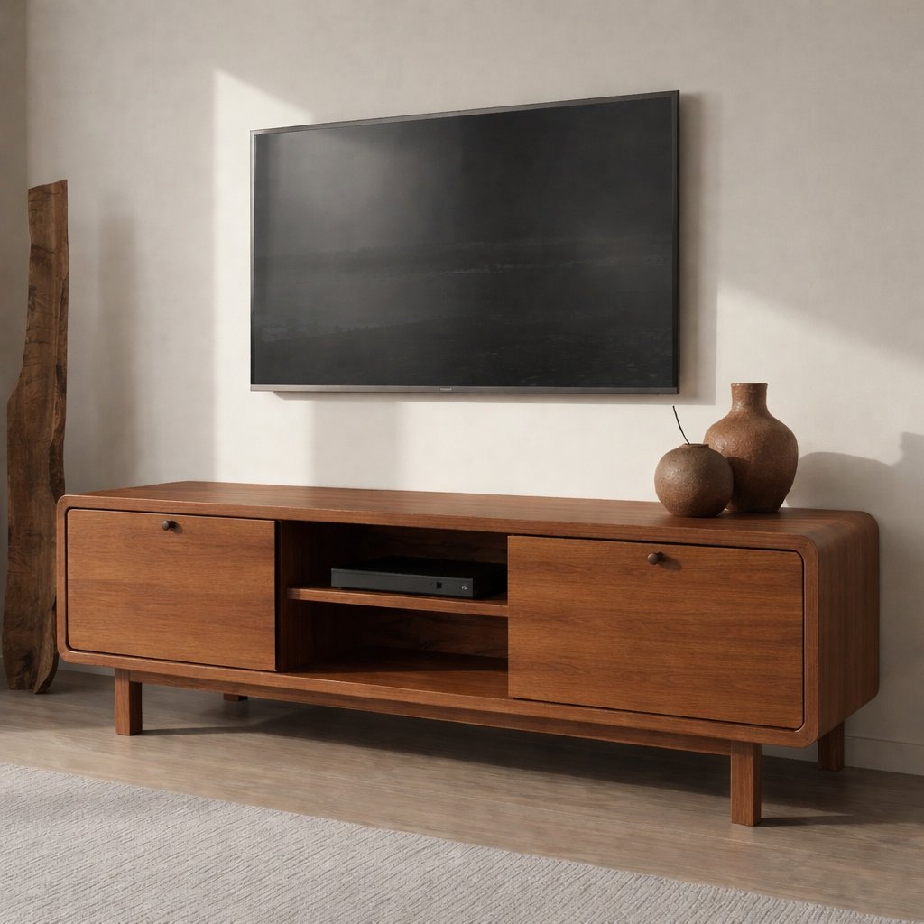 Minimalist Solid Wood TV Stand with Sliding Doors – Modern Rustic Media Console