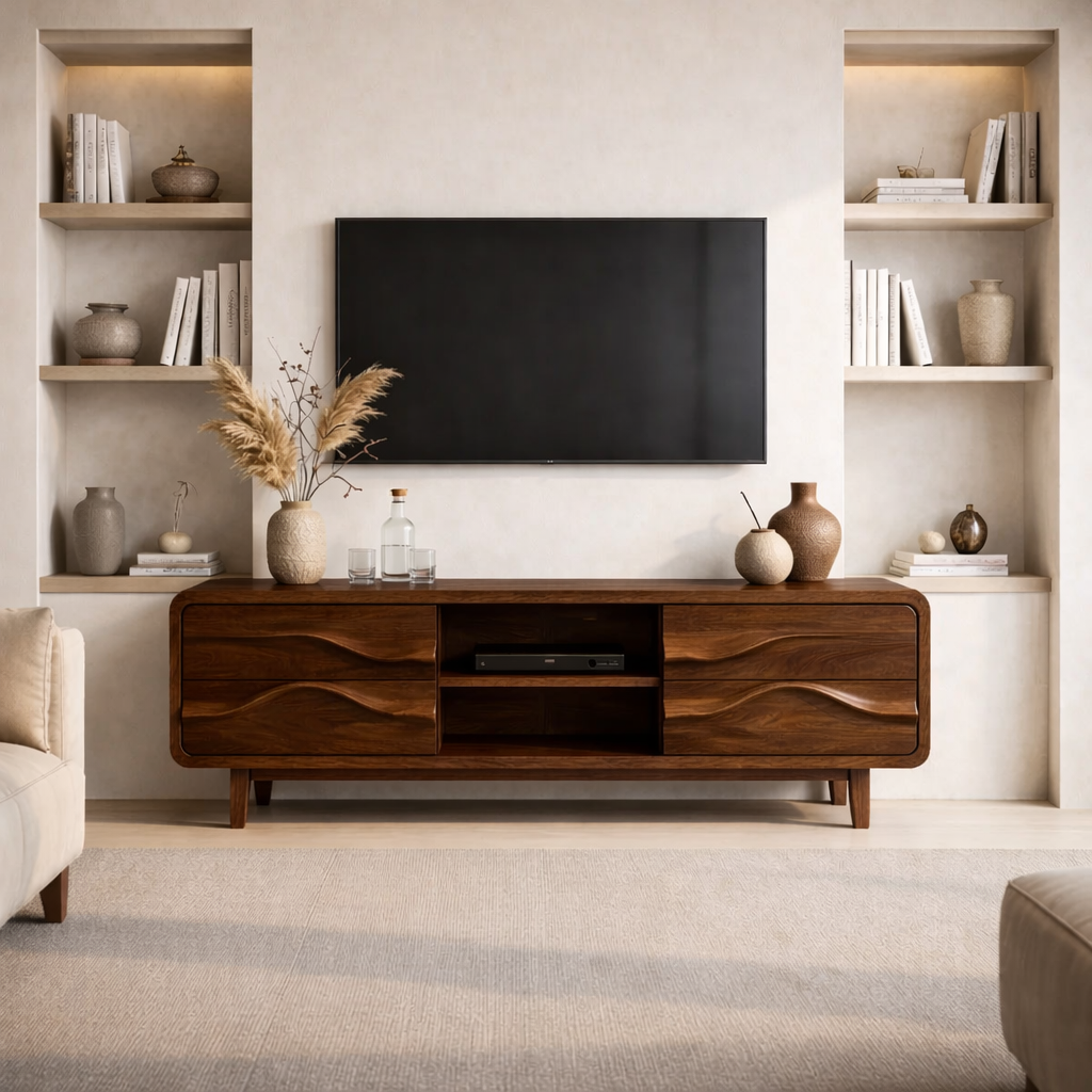 Solid Wood TV Stand with Carved Wave Front – Modern Rustic Media Console