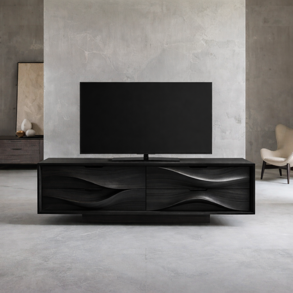 Solid Wood TV Stand with Sculpted Wave Doors – Modern Minimalist Media Console