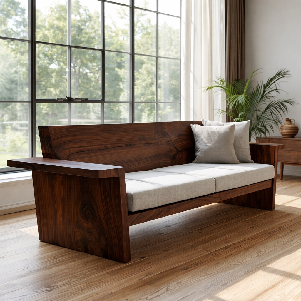 Solid Wood Sofa Frame – Rustic Modern Wooden Bench Style Sofa
