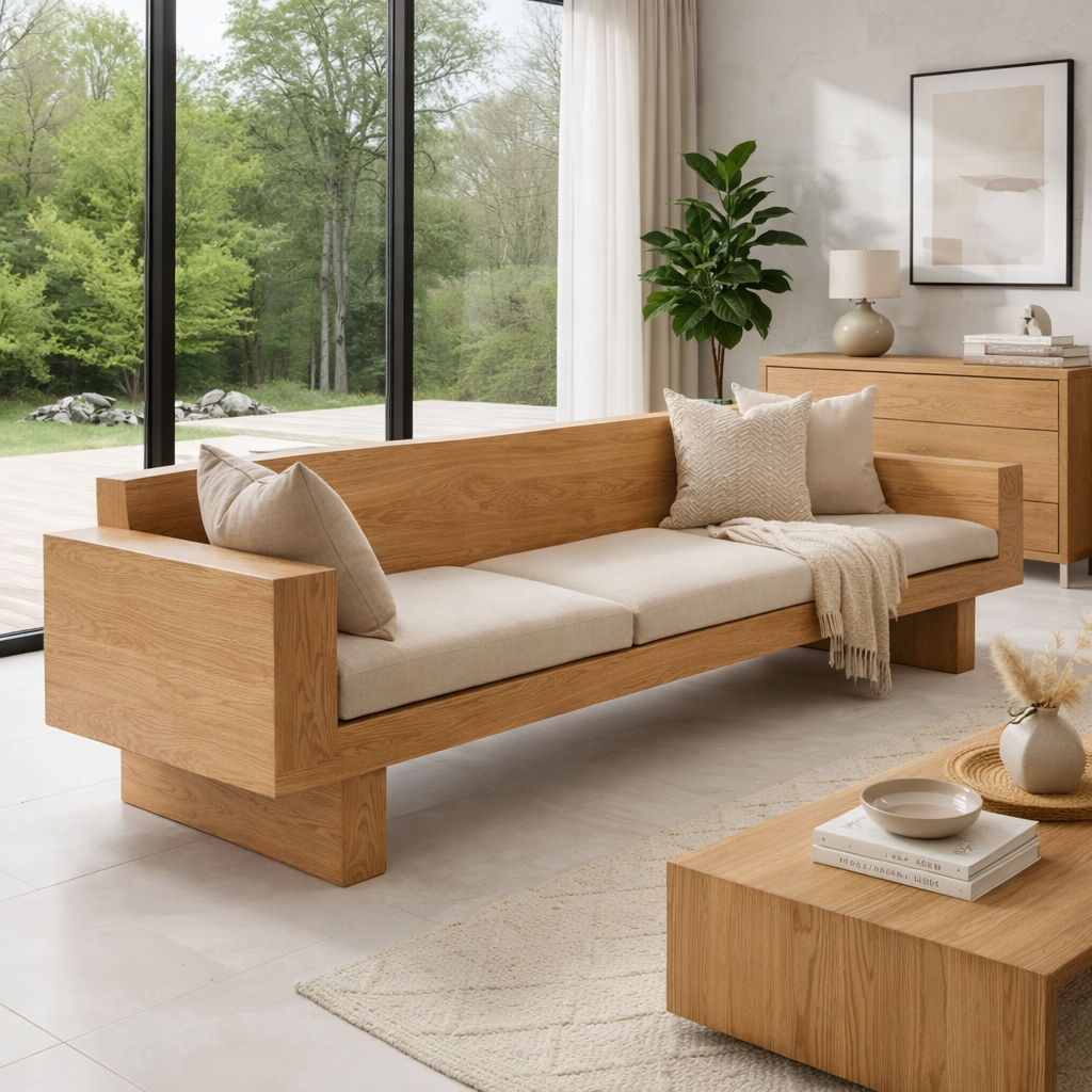 Solid Wood Sofa – Modern Oak Wooden Living Room Sofa