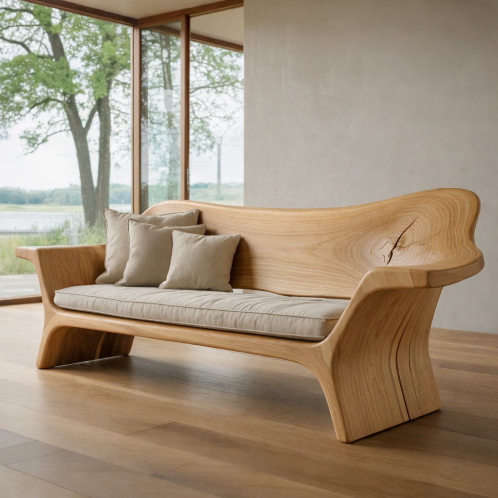 Sculptural Solid Wood Sofa – Organic Curved Wooden Bench Sofa