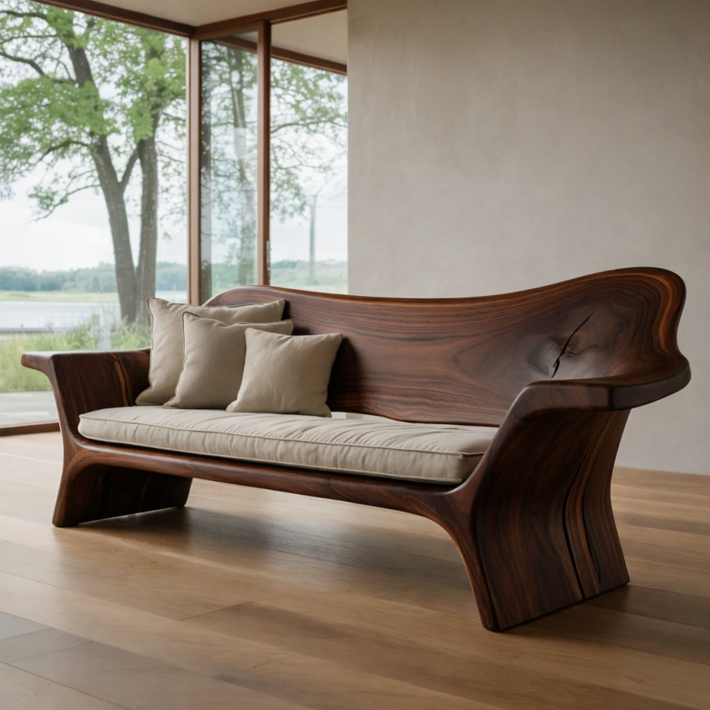 Sculptural Solid Wood Sofa – Organic Curved Wooden Bench Sofa