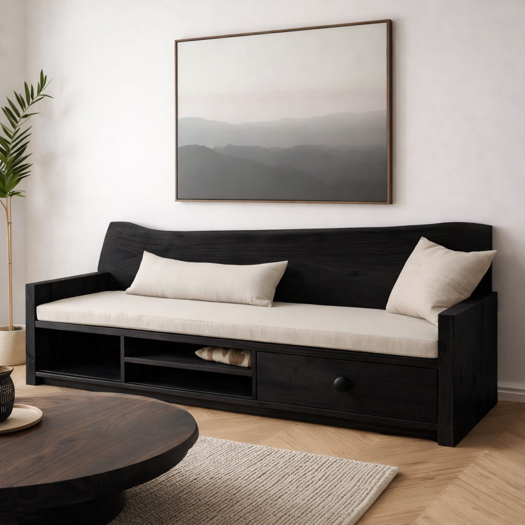Solid Wood Storage Sofa – Rustic Wooden Bench Sofa with Drawer Shelf