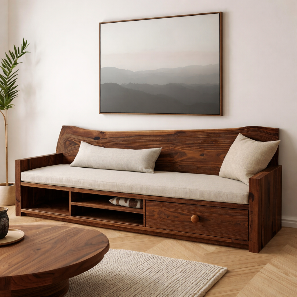 Solid Wood Storage Sofa – Rustic Wooden Bench Sofa with Drawer Shelf