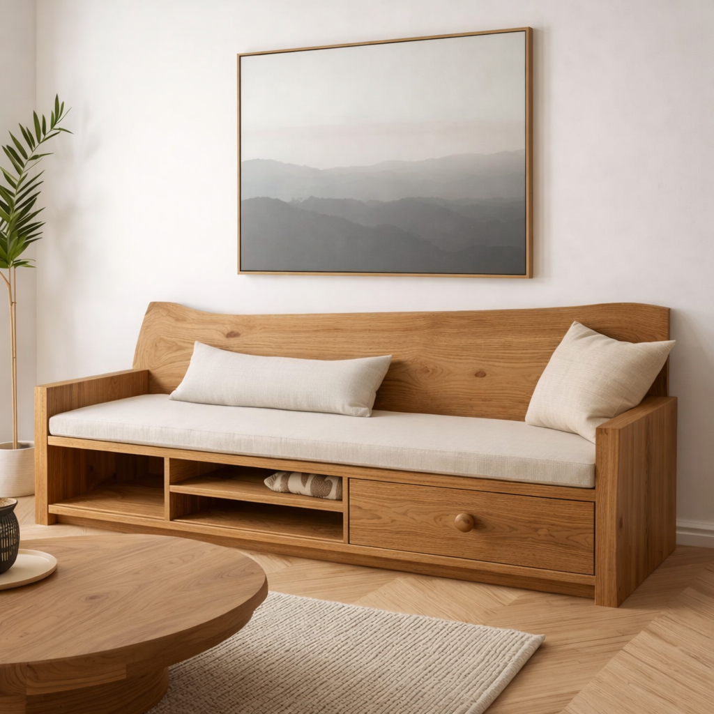 Solid Wood Storage Sofa – Rustic Wooden Bench Sofa with Drawer Shelf