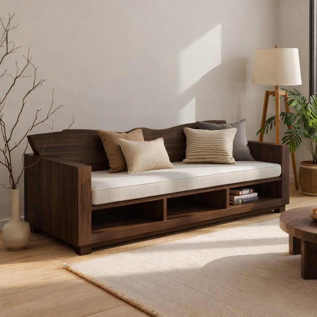 Walnut Solid Wood Sofa with Storage Shelf – Modern Wooden Living Room Sofa