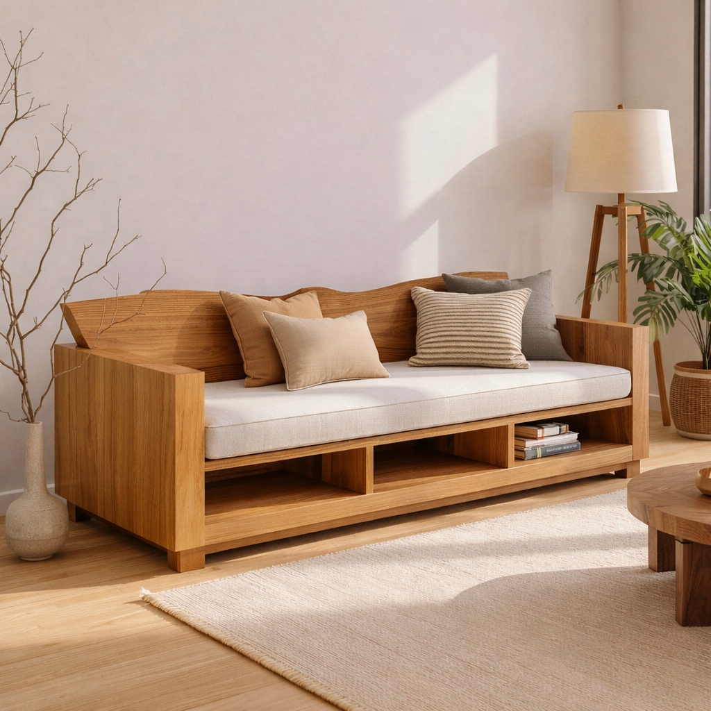 Walnut Solid Wood Sofa with Storage Shelf – Modern Wooden Living Room Sofa