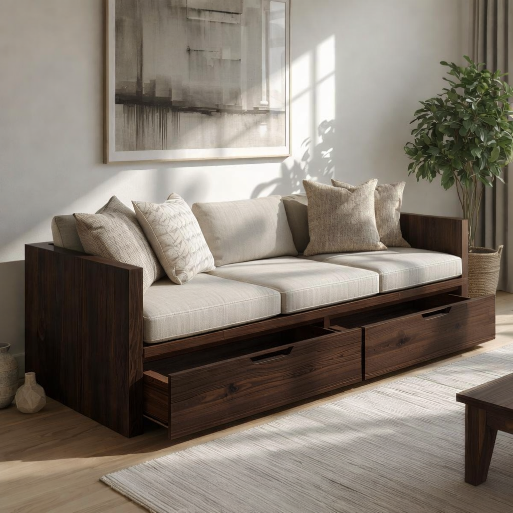Solid Wood Storage Sofa – Walnut Wooden Sofa with Large Drawers