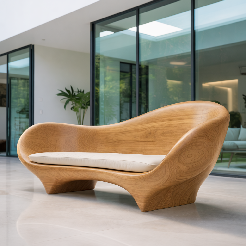 Contemporary Sculptural Solid Wood Sofa with Organic Curved Silhouette