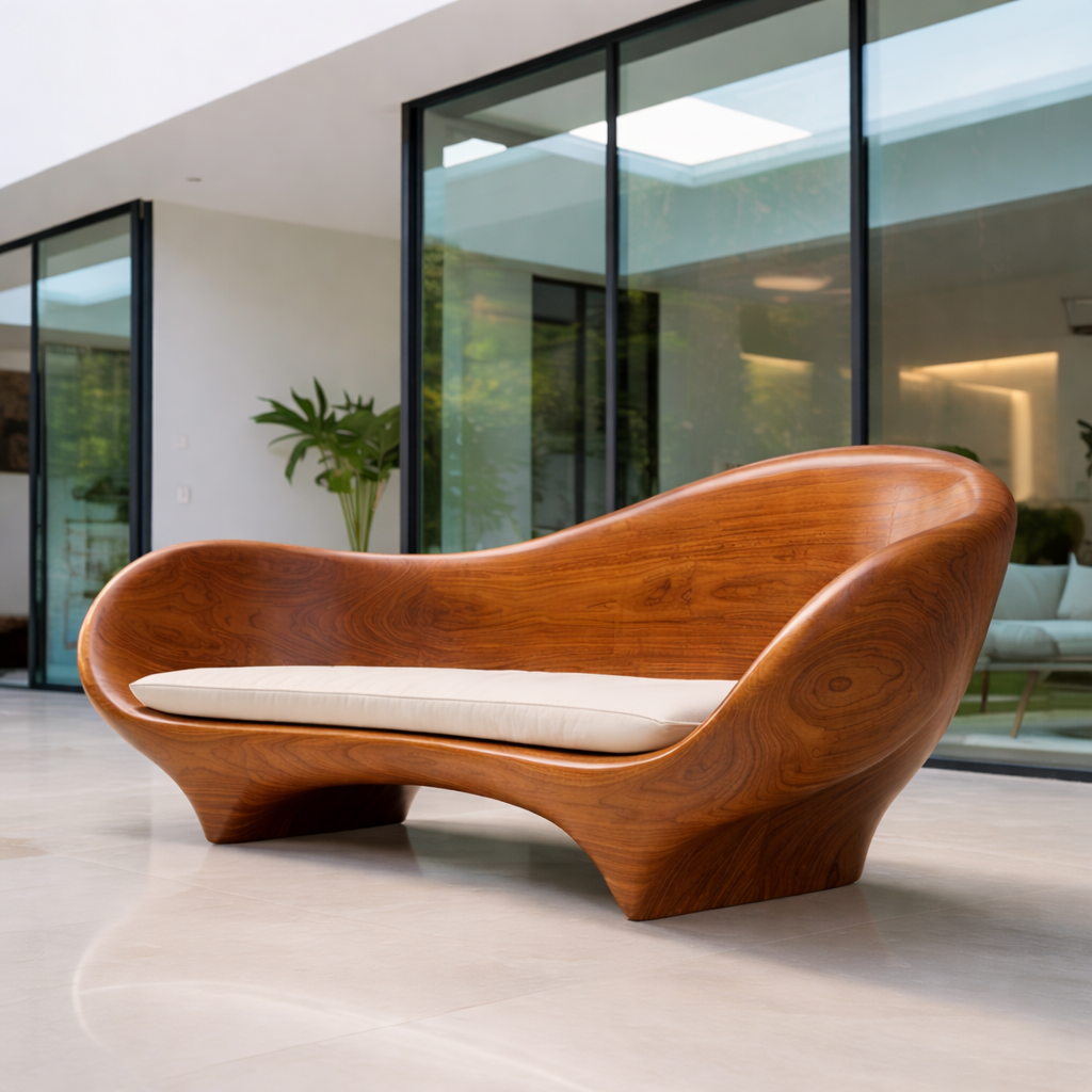 Contemporary Sculptural Solid Wood Sofa with Organic Curved Silhouette