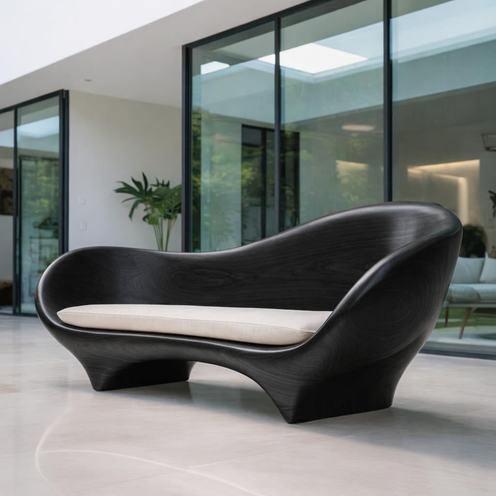 Contemporary Sculptural Solid Wood Sofa with Organic Curved Silhouette