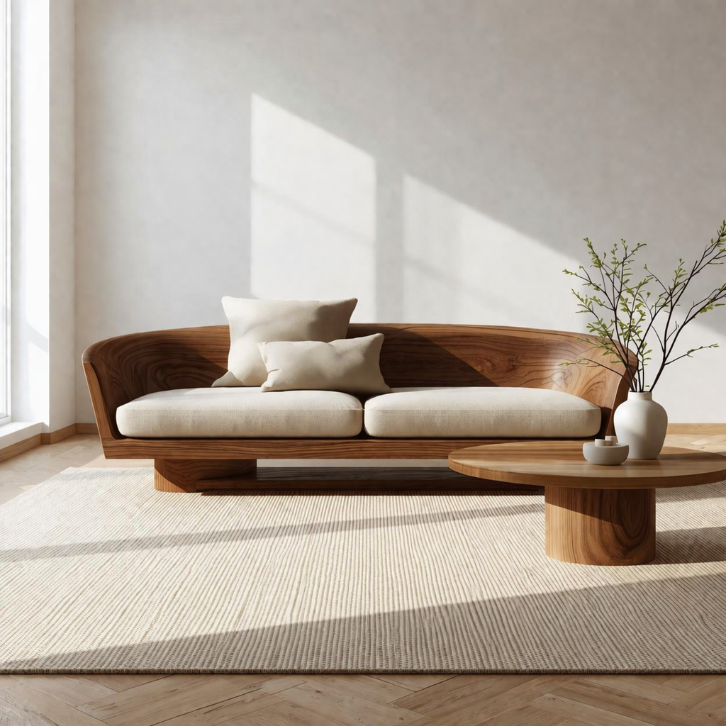 Solid Wood Curved Sofa – Sculptural Wooden Sofa with Organic Backrest