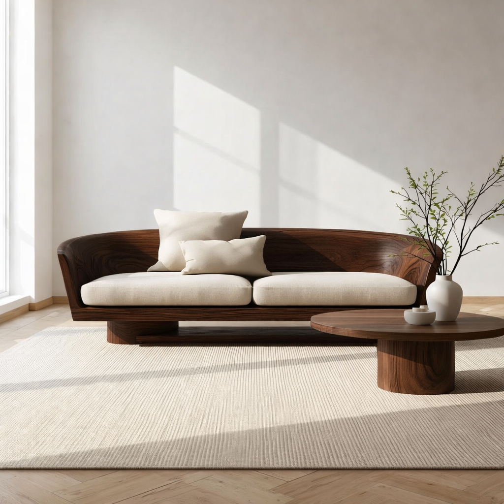 Solid Wood Curved Sofa – Sculptural Wooden Sofa with Organic Backrest