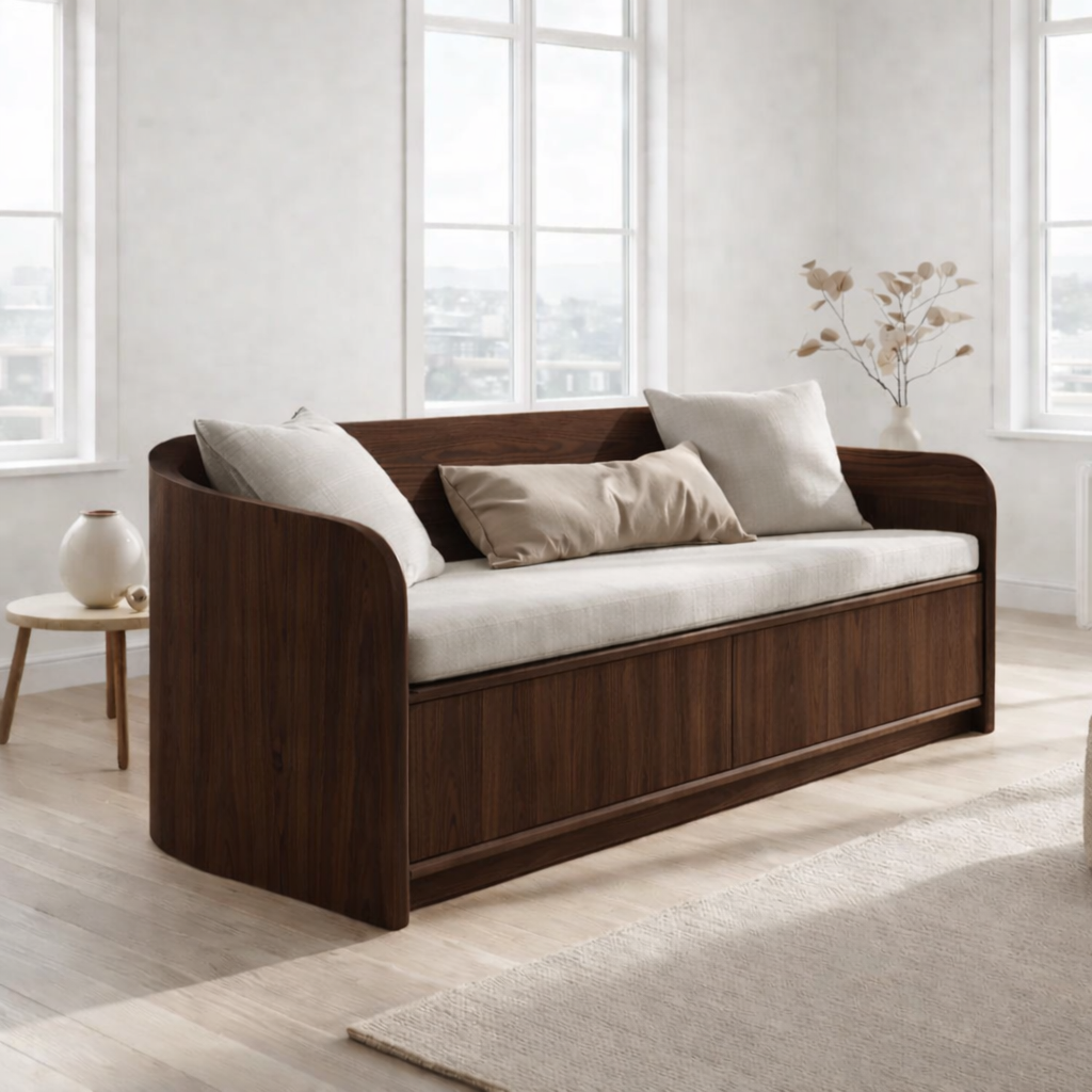 Solid Wood Storage Sofa – Curved Wooden Sofa with Hidden Storage Base