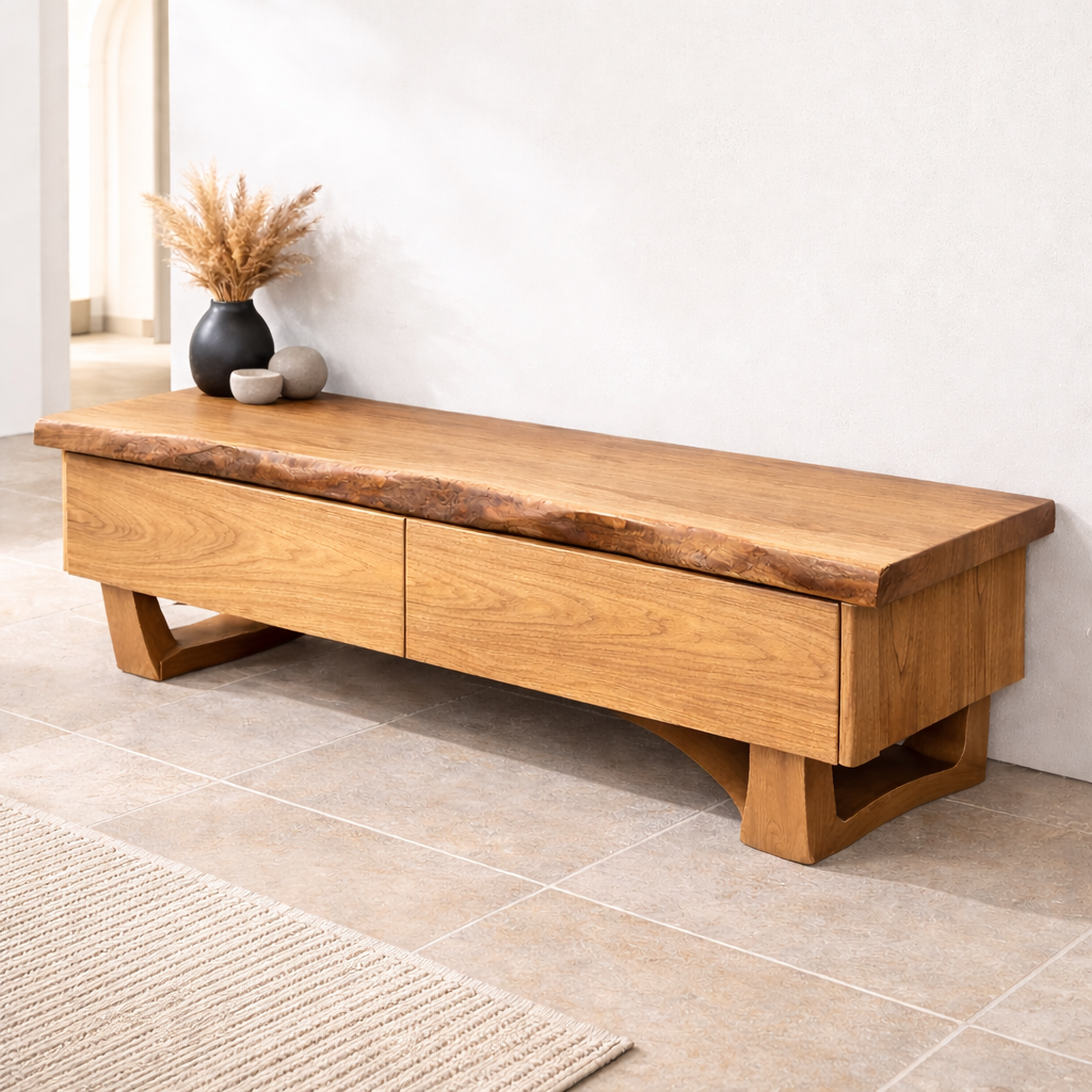 Solid Wood Entryway Bench with Drawers, Live Edge Storage Bench, Hallway Seating, Wooden Shoe Bench